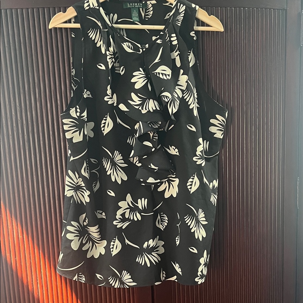 Kasper Black and Cream Floral Ruffle Blouse
